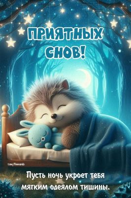 Открытка «Доброй ночи»: Приятных снов: Милый ежик в волшебном лесу.