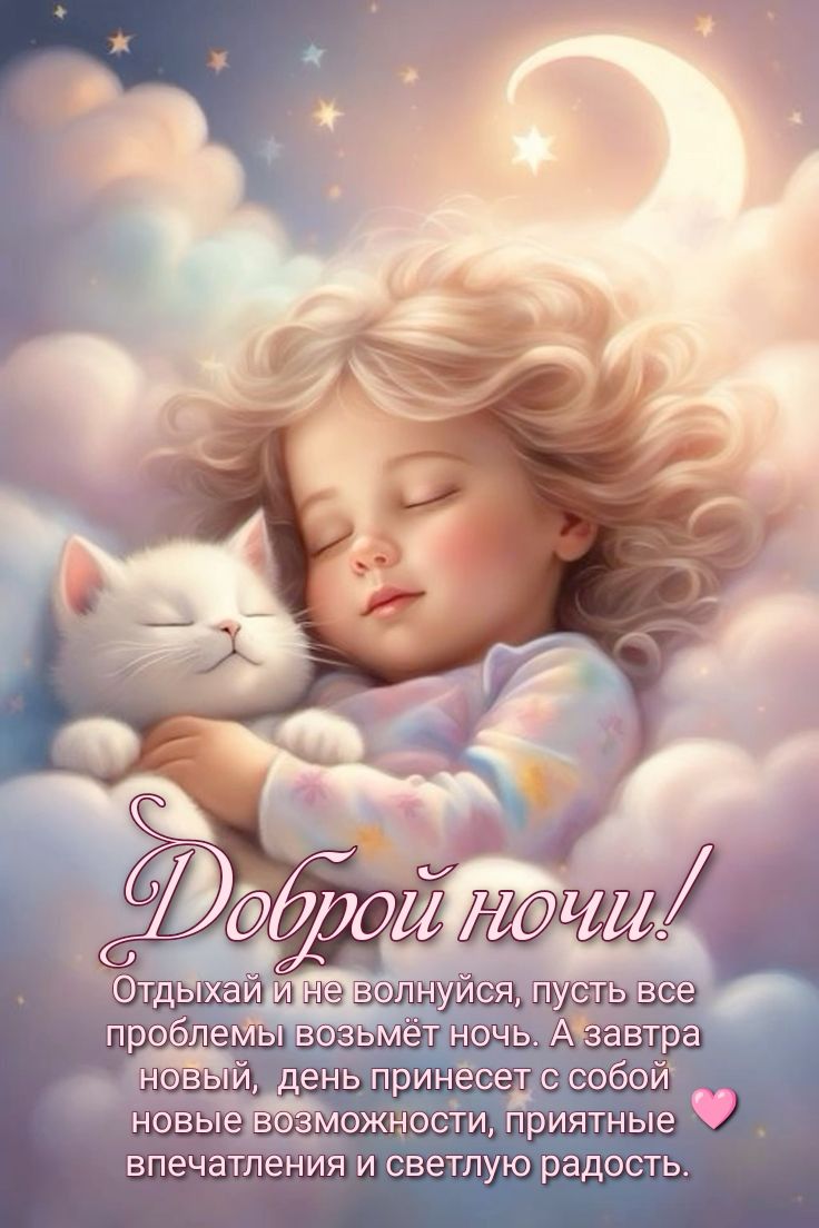Открытка «Доброй ночи»: Доброй ночи: милая открытка спящим ангелом и котенком.