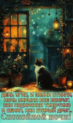 Открытка «Спокойной ночи»: Спокойной ночи: уютное пожелание с волшебным котом. Тэги: Спокойной ночи, красивые, Спокой…