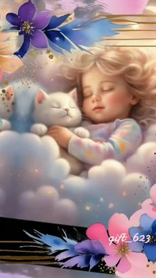 Открытка «Доброй ночи»: Доброй ночи: спящая девочка с белым котом на облаках.
