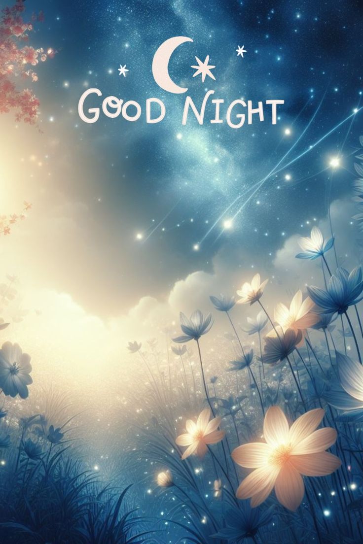 Открытка «Доброй ночи»: Доброй ночи: «Волшебные цветы» под луной. Тэги: английский
