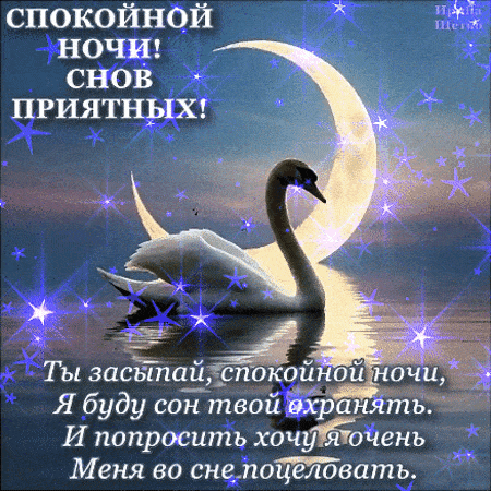 Открытка «Спокойной ночи»: Спокойной ночи: Романтичное стихотворение и лебедь. Тэги: пожелание, надпись, женщина…