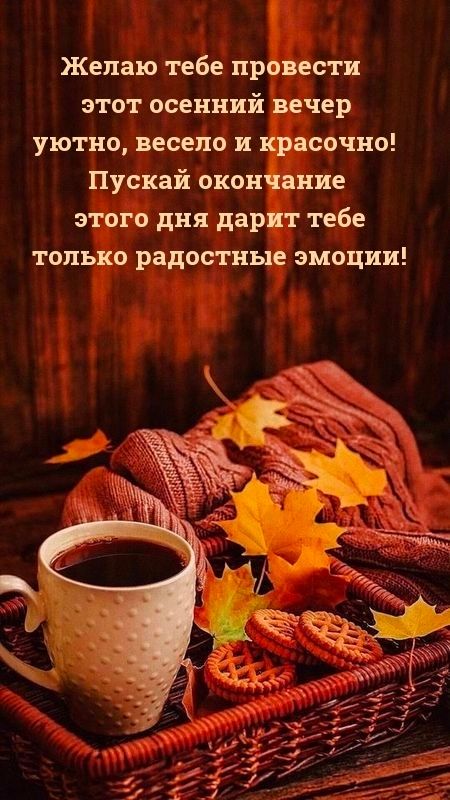 Открытка «Пожелание»: Добрый вечер: уютное пожелание с чашкой кофе и печеньем . Тэги: радость, позитивный, веселый…