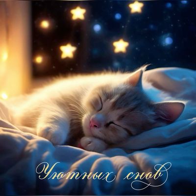 Открытка «Доброй ночи»: Уютный сон: Спящий кот желает доброй ночи.