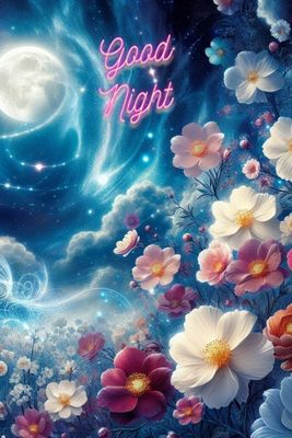Открытка «Доброй ночи»: Доброй ночи: волшебный пейзаж с луной и полевыми цветами.