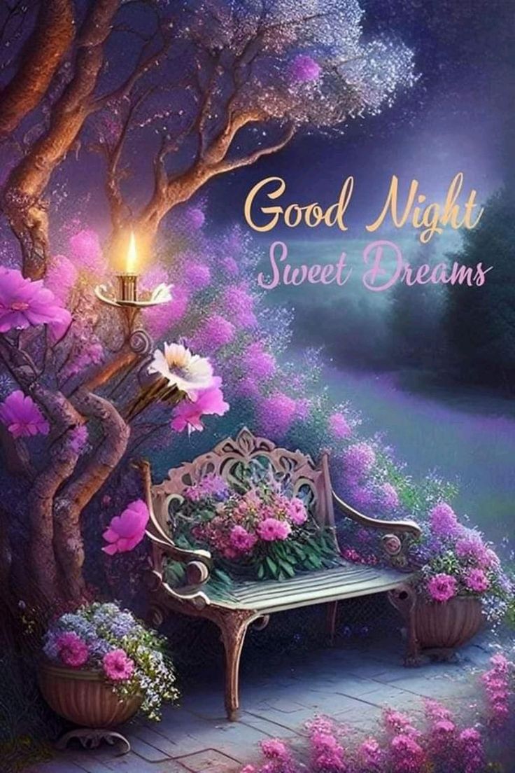 Открытка «Доброй ночи»: Доброй ночи: Красивая открытка со скамейкой в цветах.