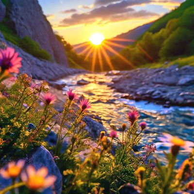 Открытка «С добрым утром»: С добрым утром: солнечный пейзаж с цветами у реки. Тэги: С добрым утром, для поднятия наст…