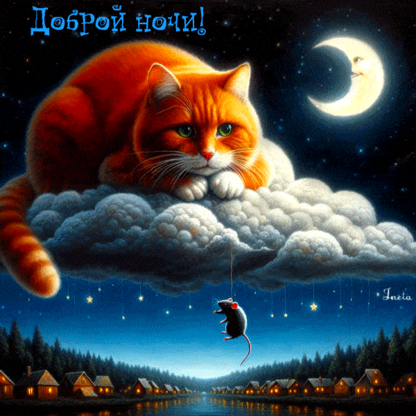 Открытка «Доброй ночи»: Доброй ночи: рыжий кот на облаке и хитрая мышь.