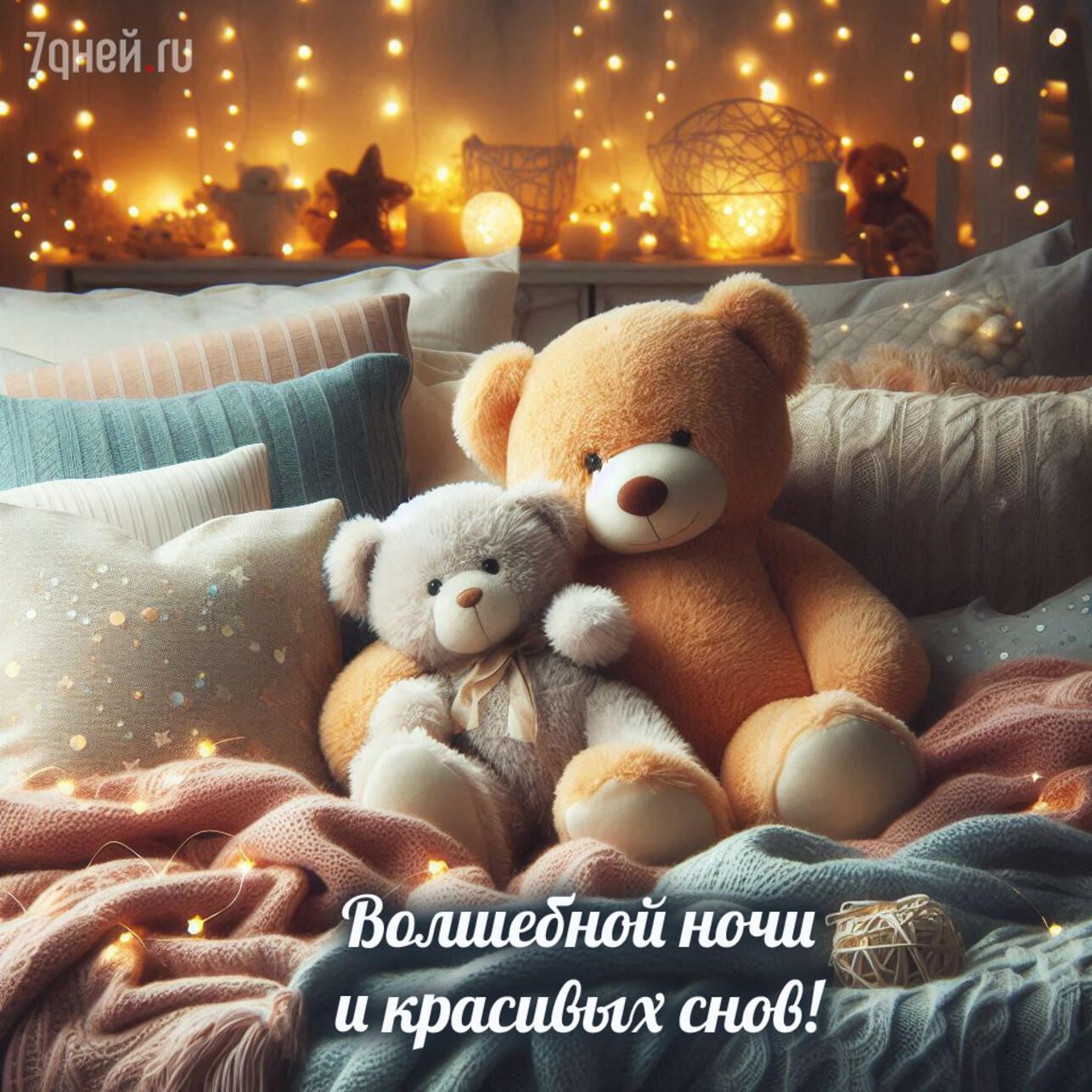 Открытка «Доброй ночи»: Доброй ночи: Милые мишки и волшебные сны.