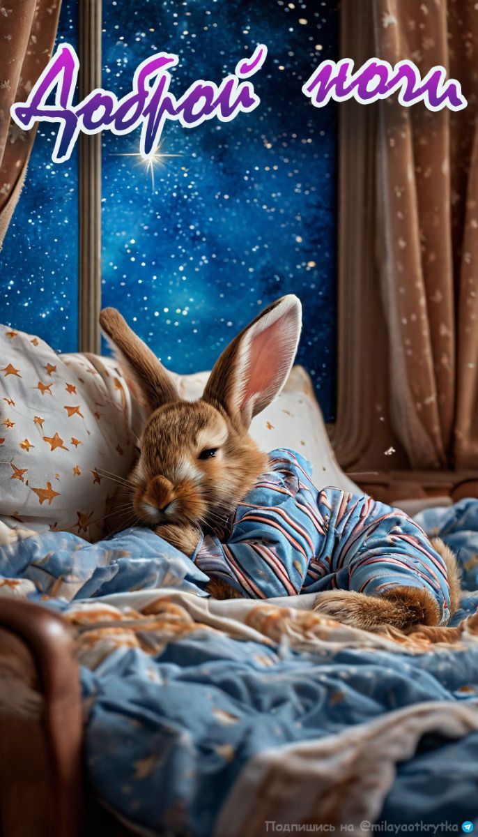 Открытка «Доброй ночи»: Милая открытка «Доброй ночи» со спящим зайцем. Тэги: Спокойной ночи, Спокойной ночи, с пожела…