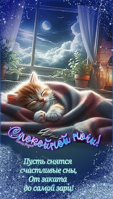Открытка «Спокойной ночи»: Спокойной ночи: умиротворяющий сон рыжего котенка. Тэги: Спокойной ночи, с пожеланиями…
