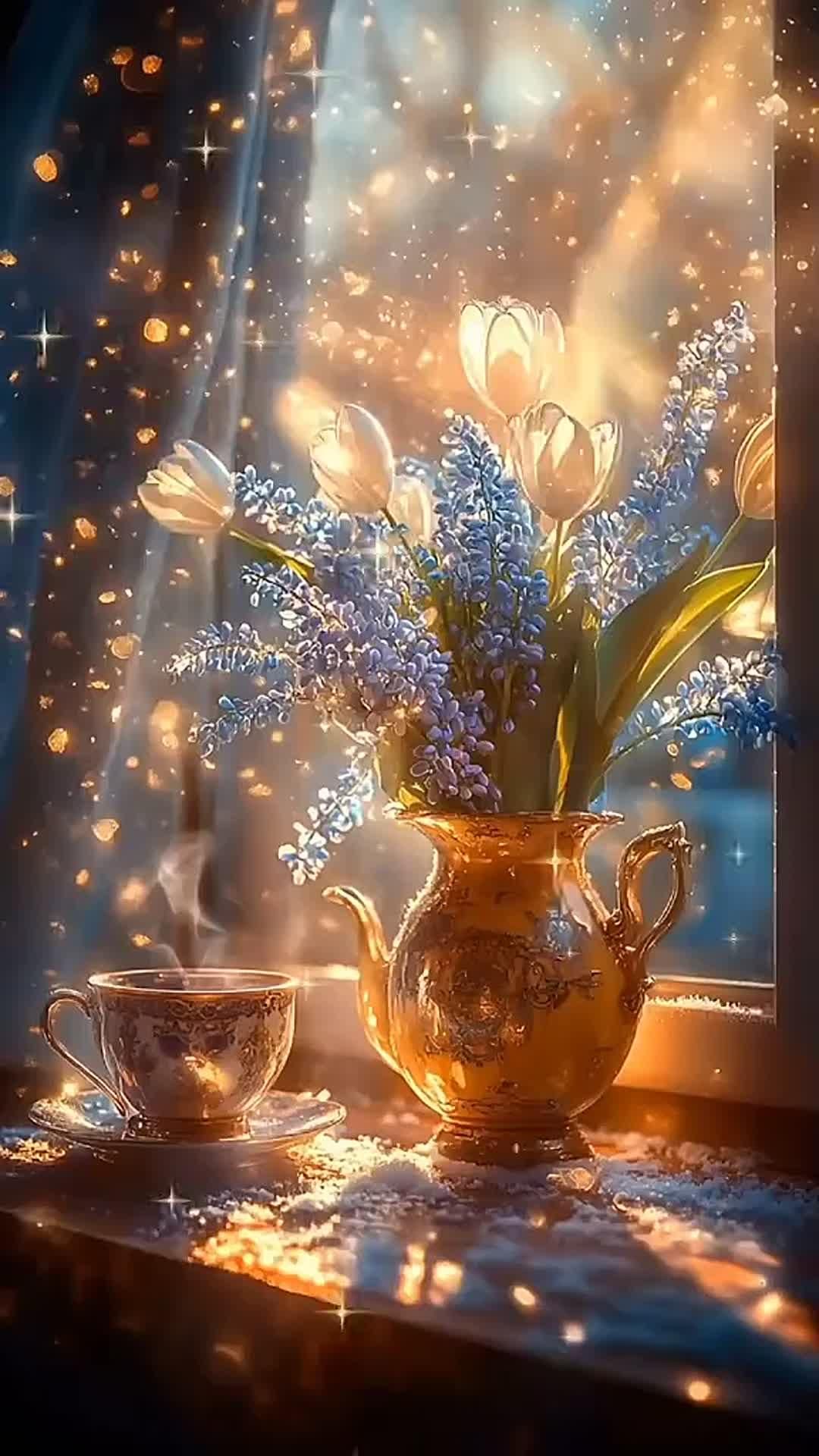 Открытка «С добрым утром»: С добрым утром: Волшебный букет и чашка чая. Тэги: С добрым утром и пожеланиями, С добрым…