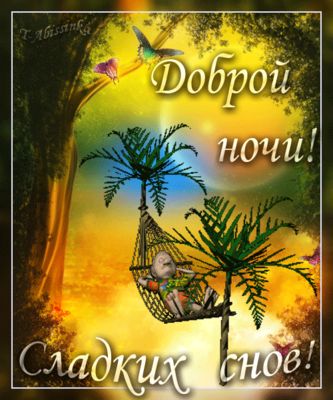 Открытка «Доброй ночи»: Доброй ночи: Сладких снов в гамаке на пальмах. Тэги: пожелание, надпись, рисунок, милый, птица…
