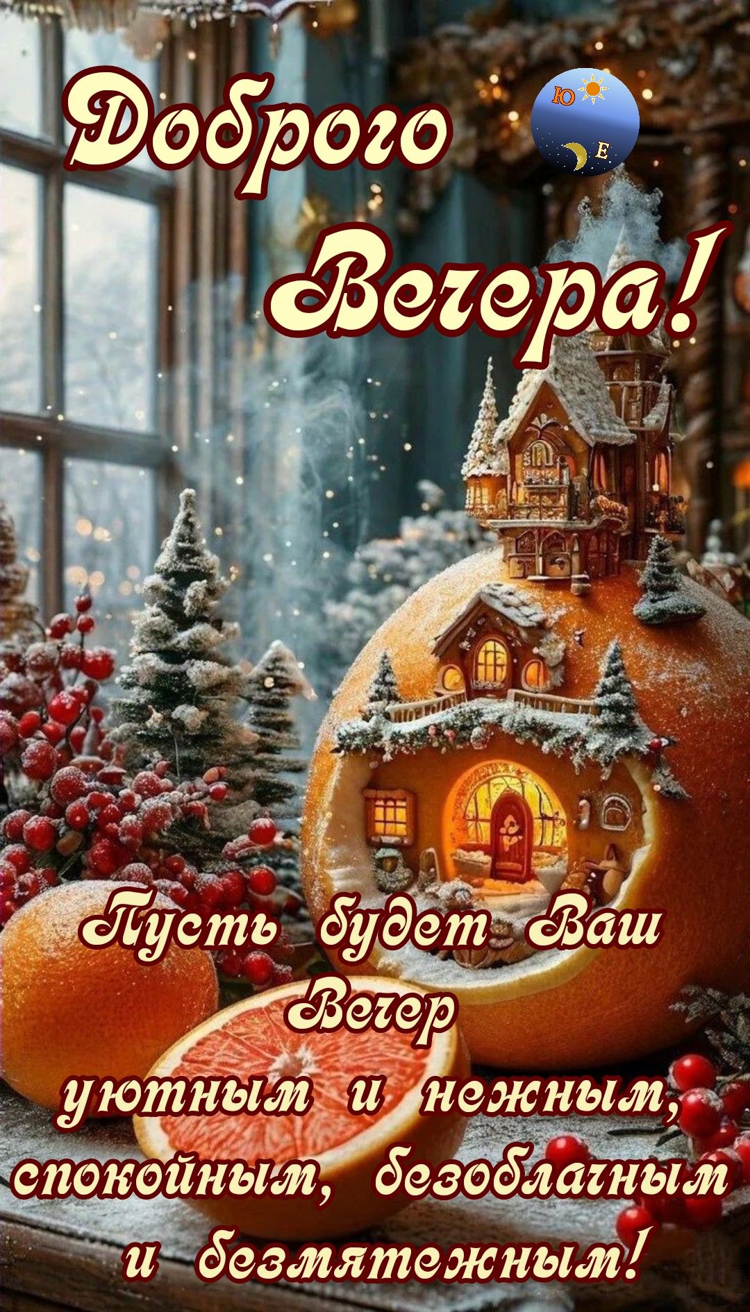 Открытка «Добрый вечер и пожелания»: Доброго вечера: уютный заснеженный домик в шаре. Тэги: Добрый зимний вечер…