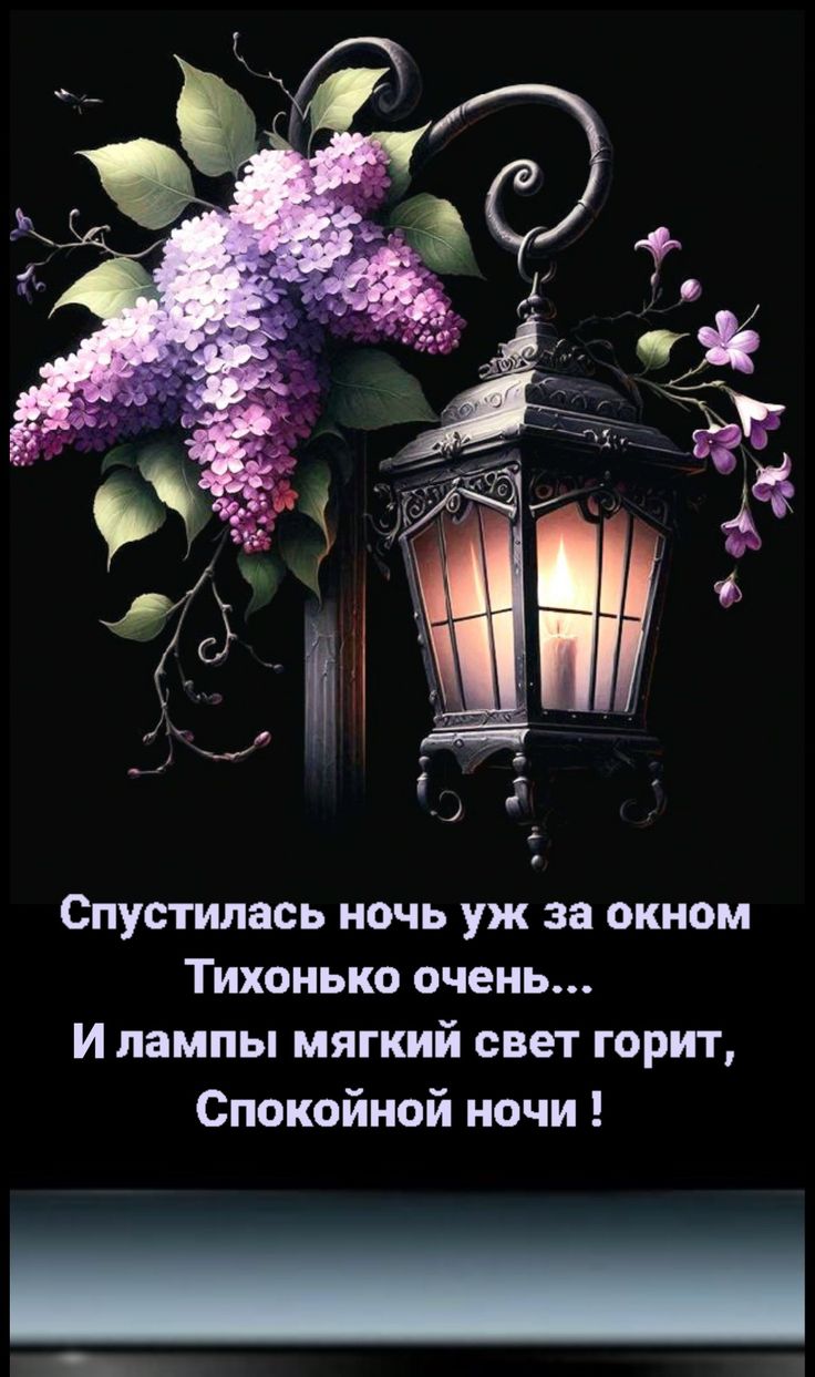 Открытка «Спокойной ночи»: Доброй ночи: красивый фонарь и сирень. Тэги: Спокойной ночи, красивые, Спокойной ночи…