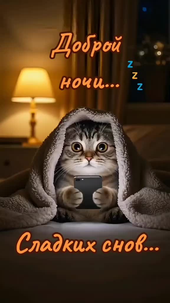Открытка «Доброй ночи»: Доброй ночи: смешной кот под одеялом с телефоном.