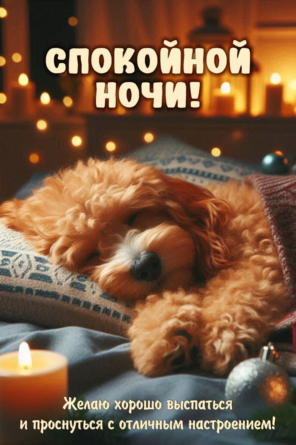 Открытка «Спокойной ночи»: Спокойной ночи: милая собака спит под гирляндой. Тэги: Спокойной ночи, с пожеланиями…
