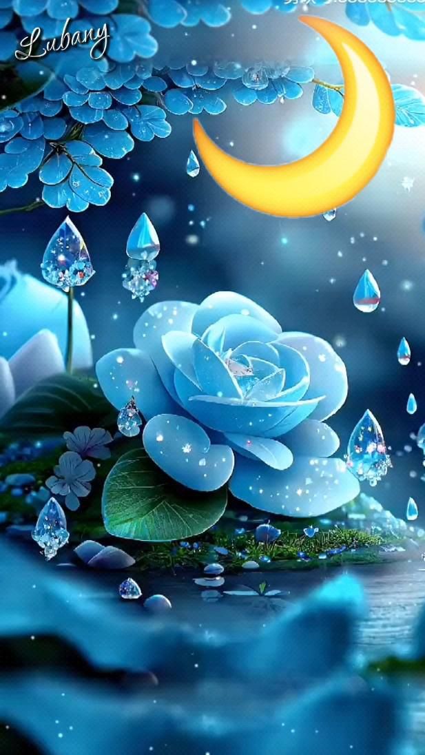 Открытка «Доброй ночи»: Доброй ночи: Сказочная синяя роза под луной. Тэги: Спокойной ночи, сказочный, красивый, роза…