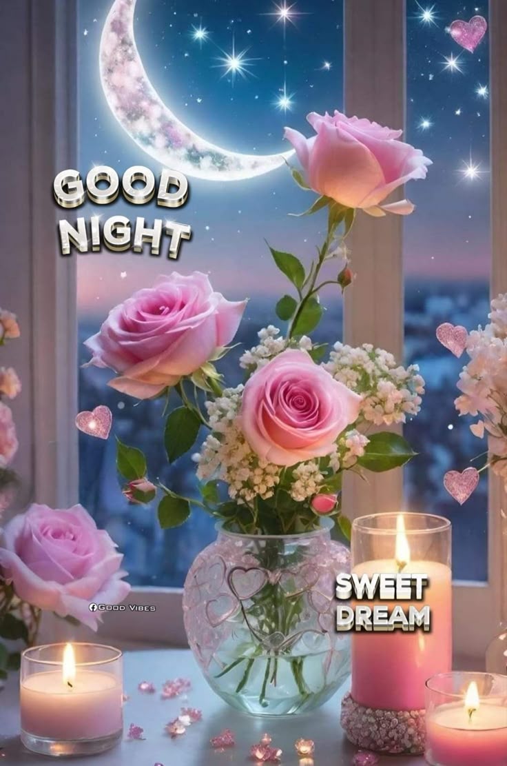 Открытка «Доброй ночи»: Спокойной ночи: Нежные розы и свечи при луне. Тэги: Спокойной ночи, Спокойной ночи, красивые…