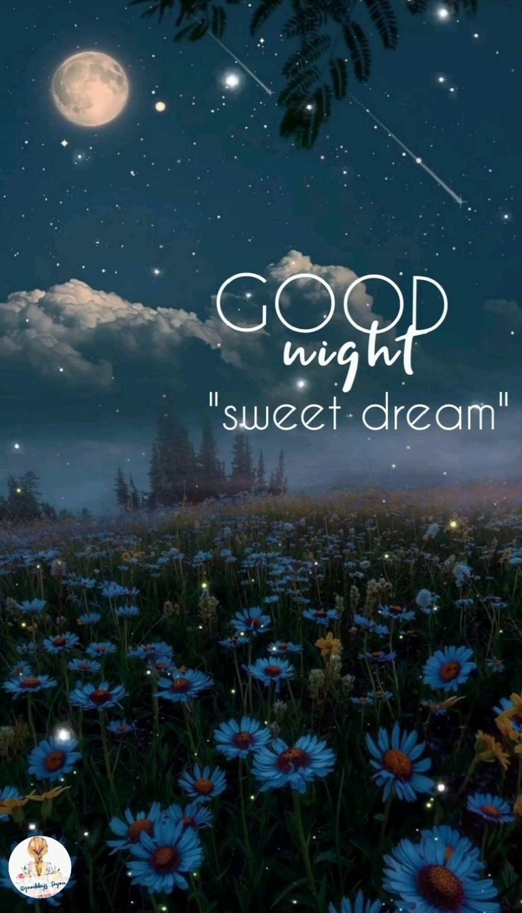 Открытка «Доброй ночи»: Доброй ночи: ночной пейзаж с цветами и луной. Тэги: Спокойной ночи, Спокойной ночи, красивые…
