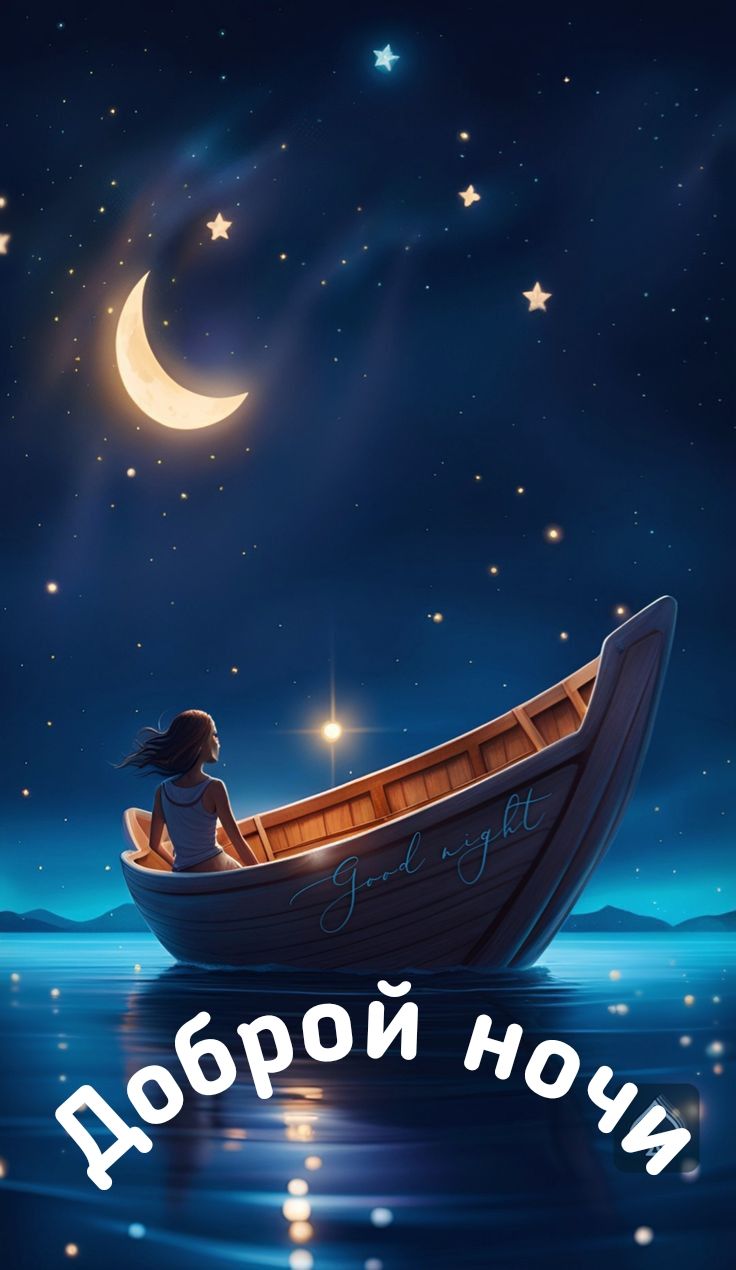 Открытка «Доброй ночи»: Доброй ночи: волшебный пейзаж с луной и лодкой.