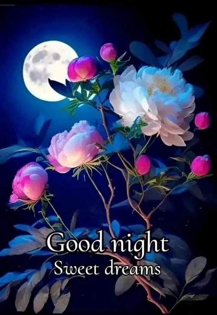 Открытка «Доброй ночи»: Доброй ночи: «Сладких снов» с цветами и луной.
