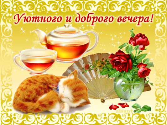 Открытка «Пожелание»: Добрый вечер: уютный чай и спящий кот. Тэги: кот, милый, чай, чашка, красивый, нежный, отдых…