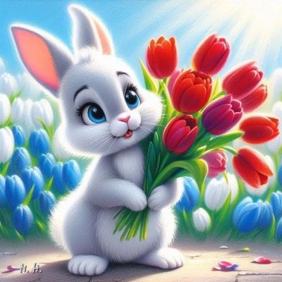 Открытка «С добрым утром»: С добрым утром от милого кролика и тюльпанов. Тэги: С добрым весенним утром, С добрым…