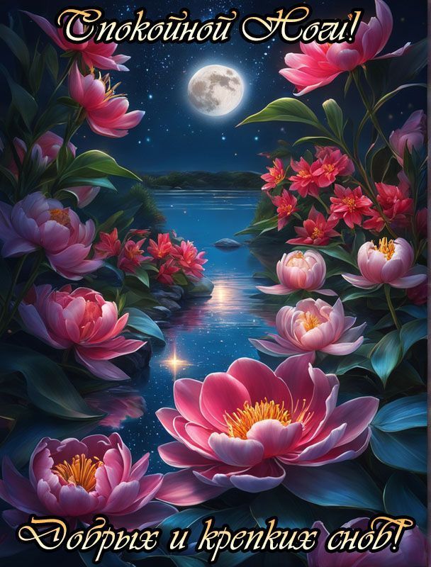 Открытка «Доброй ночи»: Спокойной ночи: красивый пейзаж с цветами и луной.