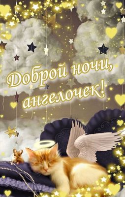 Открытка «Доброй ночи»: Доброй ночи, ангелочек: открытка со спящим котенком. Тэги: сын