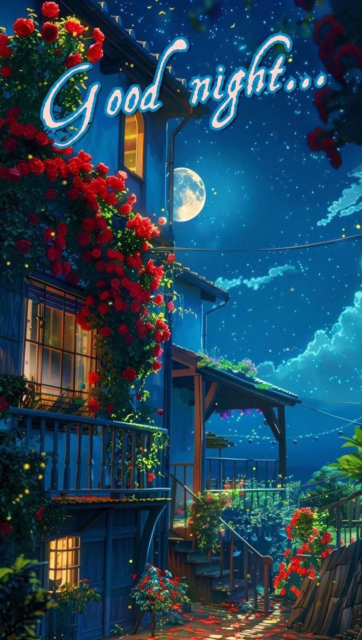 Открытка «Доброй ночи»: Спокойной ночи: Волшебная ночь и алые розы. Тэги: Спокойной ночи, Спокойной ночи, красивые…