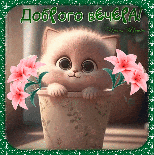 Открытка «Добрый вечер и пожелания»: Добрый вечер: милый котенок в цветочном горшке. Тэги: Доброго вечера и хорошего…