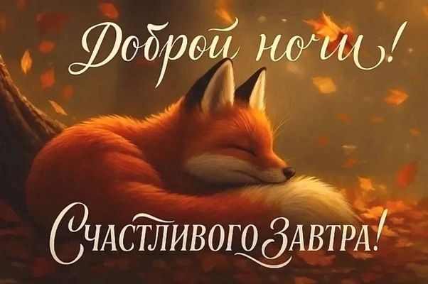 Открытка «Доброй ночи»: Доброй ночи: милый лис на осенней листве. Тэги: Спокойной ночи, Спокойной ночи, с пожеланиями…