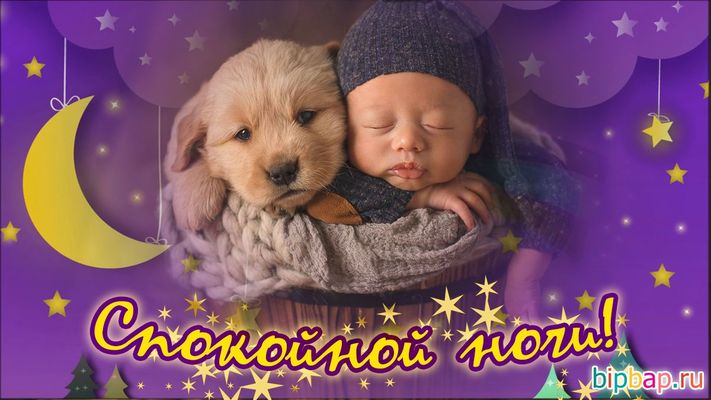 Открытка «Доброй ночи»: Спокойной ночи: Спящий малыш и щенок. Тэги: Спокойной ночи, Спокойной ночи, с пожеланиями…
