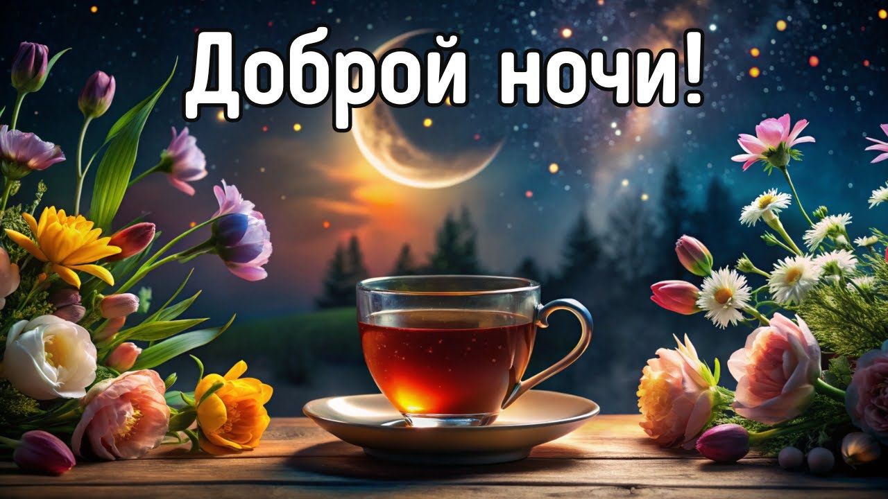 Открытка «Доброй ночи»: Спокойной ночи: Чашка чая под звездным небом. Тэги: Спокойной ночи, Спокойной ночи, красивые…
