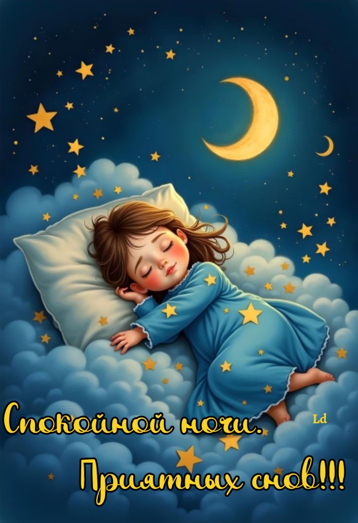 Открытка «Доброй ночи»: Спокойной ночи: Девочка на облаке и звездное небо. Тэги: Спокойной ночи, Спокойной ночи…