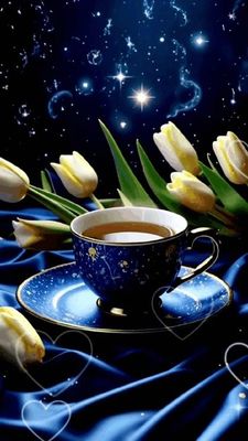 Открытка «Доброй ночи»: Доброй ночи: «Звездное чаепитие с тюльпанами». Тэги: Спокойной ночи, Спокойной ночи, с пожела…