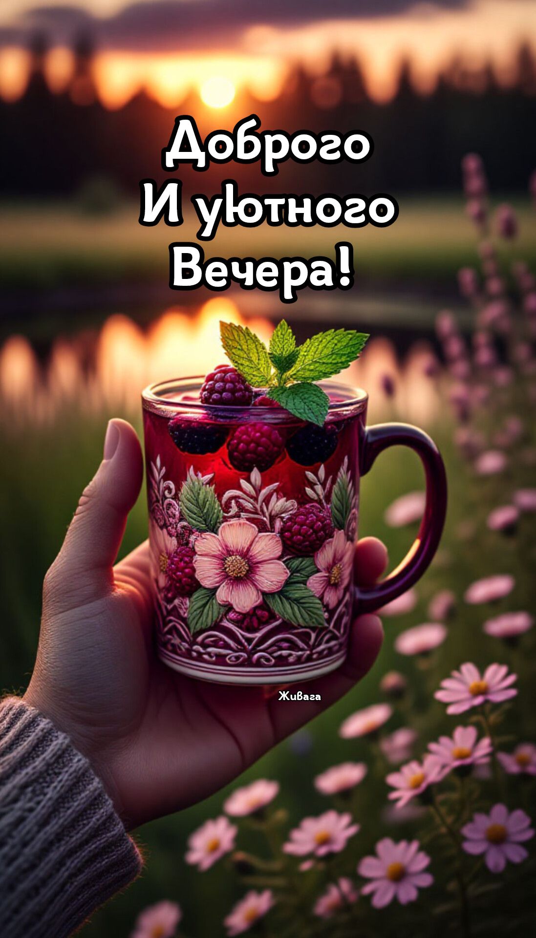 Открытка «Добрый вечер и пожелания»: Добрый вечер: Красивое пожелание и ягодный чай. Тэги: Доброго летнего вечера…