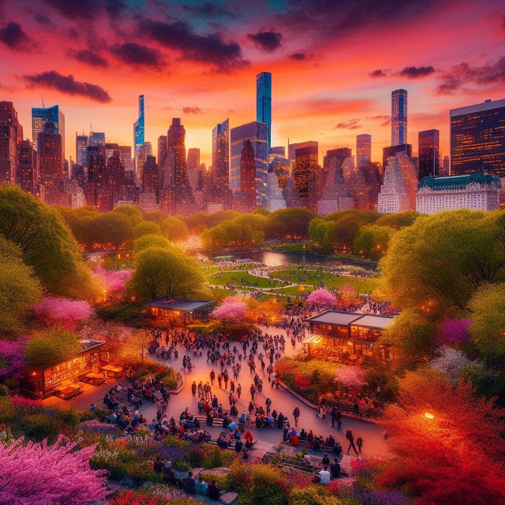 Открытка «Добрый вечер и пожелания»: Добрый вечер: «Закатный мегаполис и цветущий парк». Тэги: Добрый вечер красивые…