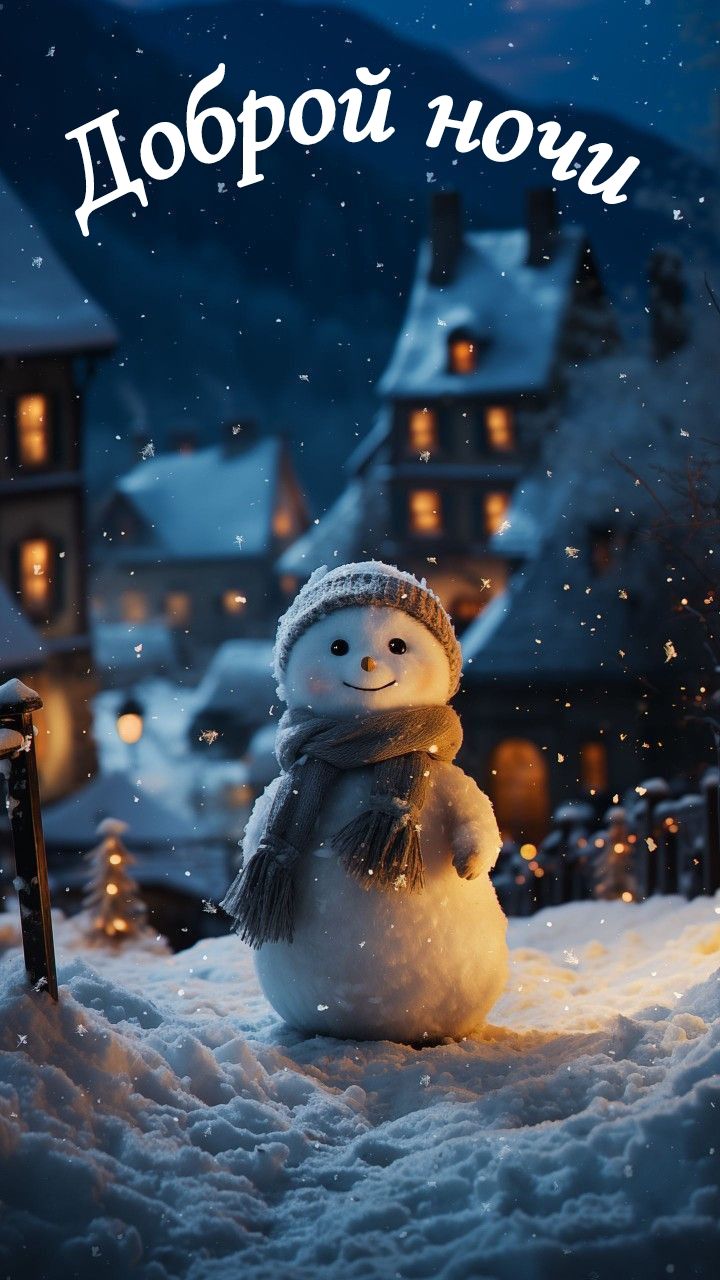 Открытка «Доброй ночи»: Спокойной и доброй ночи: зимняя сказка со снеговиком. Тэги: Спокойной ночи, Спокойной ночи…