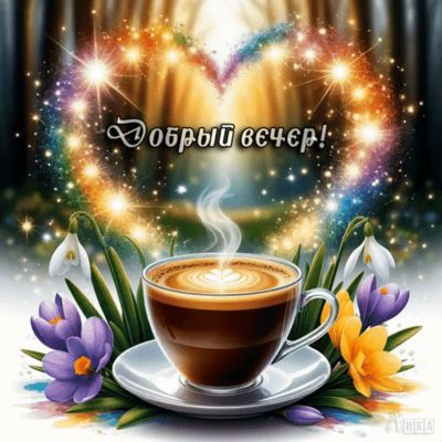 Открытка «Добрый вечер и пожелания»: Добрый вечер! Волшебное пожелание с кофе и цветами. Тэги: Доброго вечера и хорош…