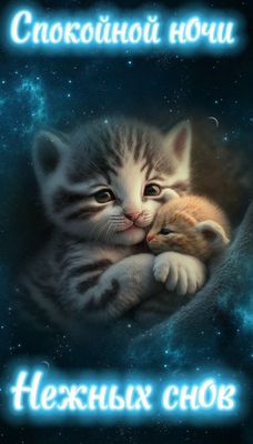 Открытка «Доброй ночи»: Спокойной ночи: Нежные котята под звездным небом. Тэги: Спокойной ночи, Спокойной ночи…