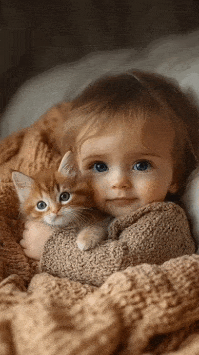 Открытка «Доброй ночи»: Спокойной ночи: милая девочка с котенком. Тэги: Спокойной ночи, Спокойной ночи, с пожеланиями…