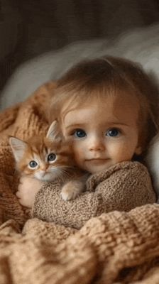 Открытка «Доброй ночи»: Спокойной ночи: милая девочка с котенком. Тэги: Спокойной ночи, Спокойной ночи, с пожеланиями…