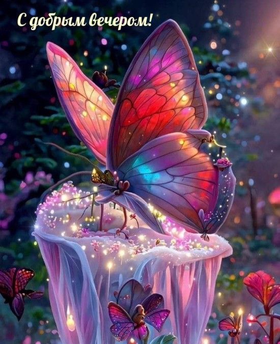 Открытка «Добрый вечер и пожелания»: Добрый вечер: «Сказочная бабочка» и волшебное сияние. Тэги: Добрый вечер красивые…