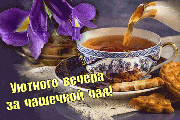 Открытка «Добрый вечер и пожелания»: Добрый вечер: уютное чаепитие и нежные ирисы. Тэги: Доброго вечера и хорошего на…