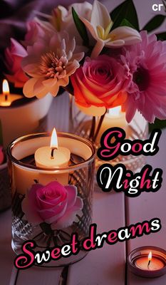 Открытка «Доброй ночи»: Спокойной ночи: нежный букет роз и теплый свет свечи. Тэги: Спокойной ночи, Спокойной ночи…