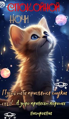 Открытка «Доброй ночи»: Спокойной ночи: милый котик и звездное небо. Тэги: Спокойной ночи, Спокойной ночи, с пожелани…