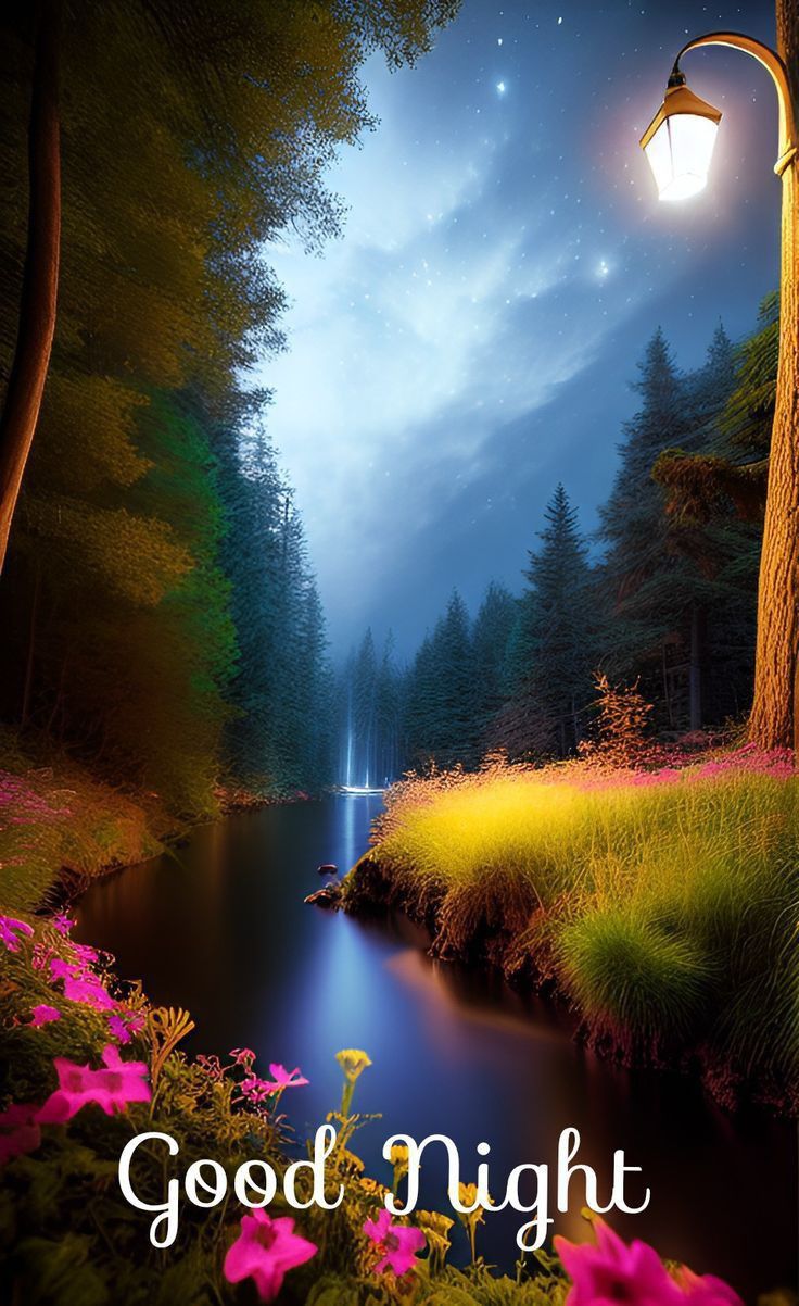 Открытка «Доброй ночи»: Спокойной ночи: магический пейзаж с фонарем у реки. Тэги: Спокойной ночи, Спокойной ночи…