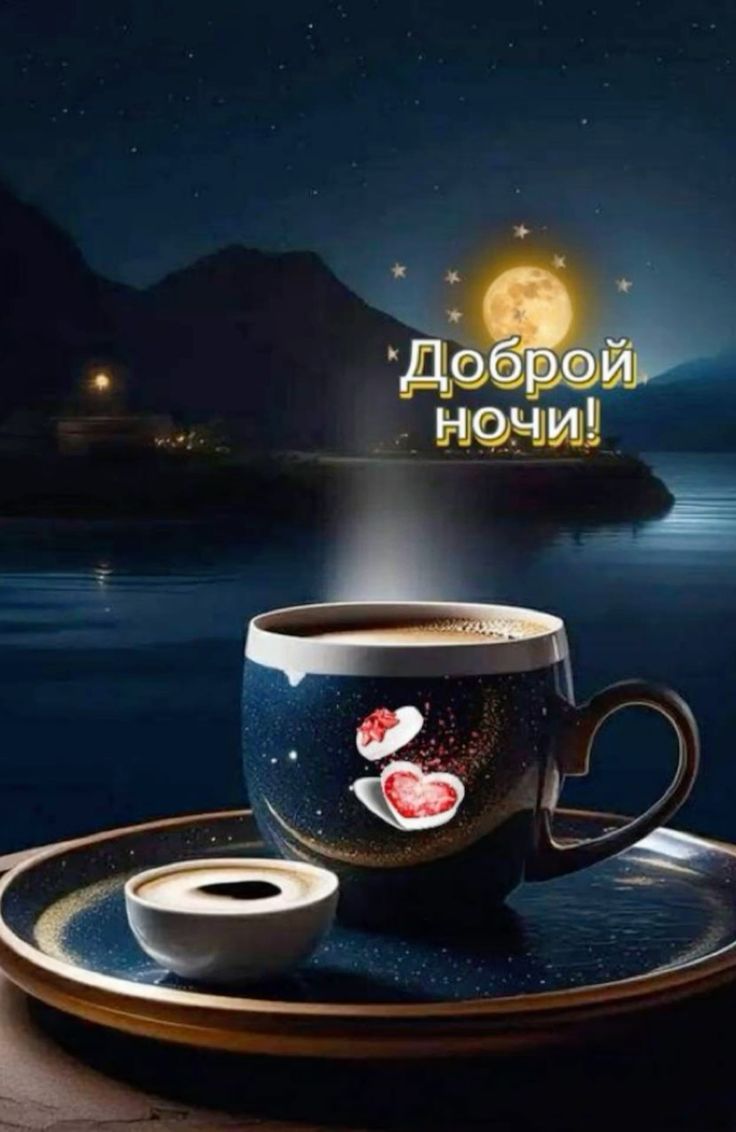 Открытка «Доброй ночи»: Спокойной и доброй ночи: чашка кофе под луной.